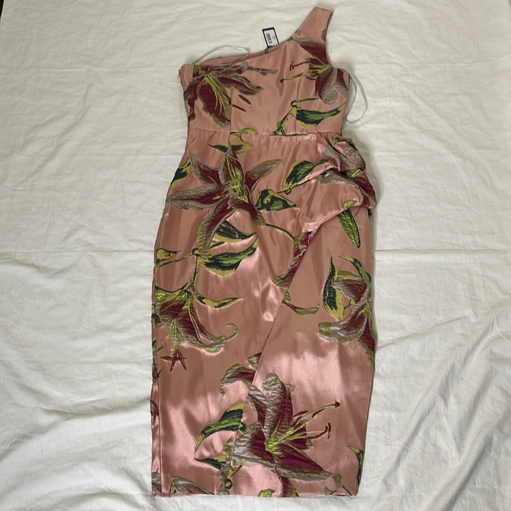 $765 New MARCHESA NOTTE One-shoulder Draped Floral-Jacquard Midi Dress Blush 4 - Picture 9 of 16